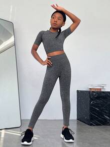 Chica preadolescente Leggings con camiseta deportiva unicolor con estiramiento alto - Gris Oscuro - Ver 4