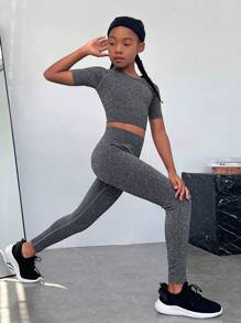 Chica preadolescente Leggings con camiseta deportiva unicolor con estiramiento alto - Gris Oscuro - Ver 5