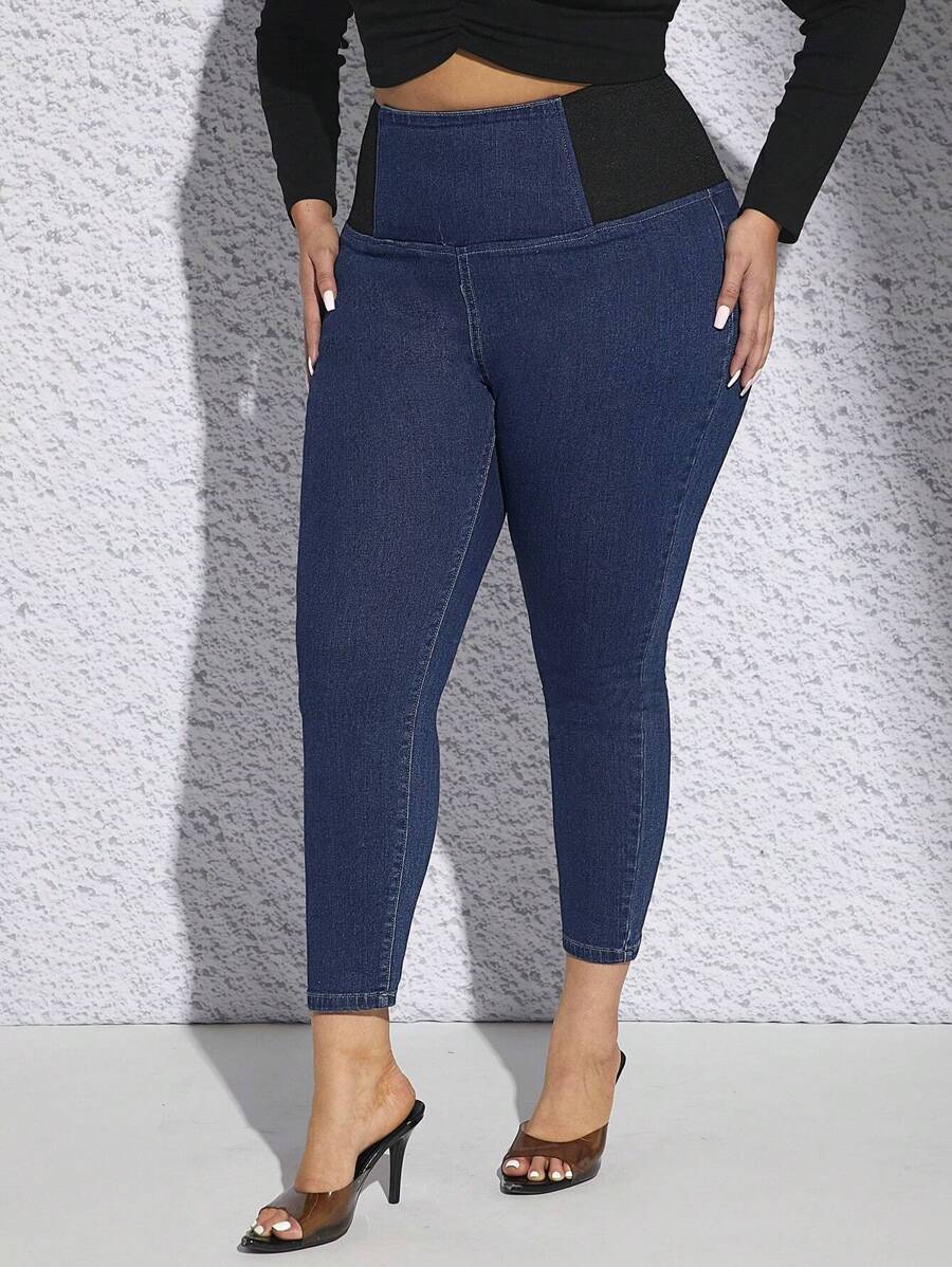 SHEIN Privé Plus Two Tone Skinny Jeans - Dark Wash - View 1