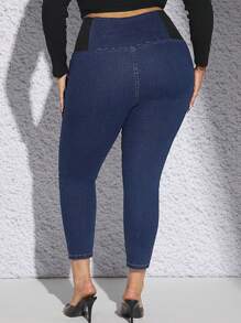 SHEIN Privé Plus Two Tone Skinny Jeans - Dark Wash - View 2