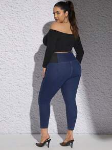 SHEIN Privé Plus Two Tone Skinny Jeans - Dark Wash - View 3