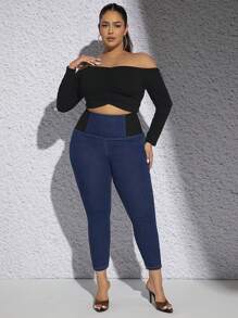 SHEIN Privé Plus Two Tone Skinny Jeans - Dark Wash - View 6