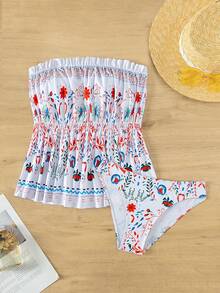Floral Print Smocked Bandeau Tankini - Multicolor - View 3