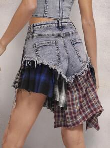 Denimoi Plaid Flare Frayed Hem Denim Skort - Multicolor - View 2