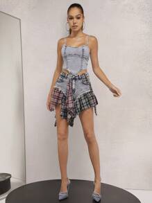 Denimoi Plaid Flare Frayed Hem Denim Skort - Multicolor - View 5