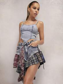 Denimoi Plaid Flare Frayed Hem Denim Skort - Multicolor - View 4