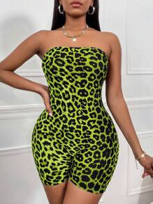 VaVaBold 豹紋印花抹胸緊身連體褲 - 綠色 - 查看 1