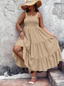 SHEIN LUNE 大碼荷葉邊吊帶連衣裙 - 杏色 - 查看 1