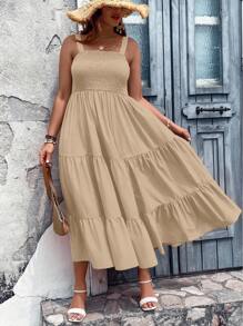 SHEIN LUNE 大碼荷葉邊吊帶連衣裙 - 杏色 - 查看 4