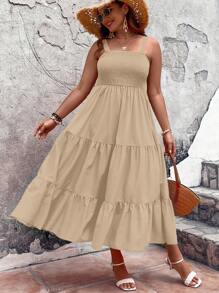 SHEIN LUNE 大碼荷葉邊吊帶連衣裙 - 杏色 - 查看 5