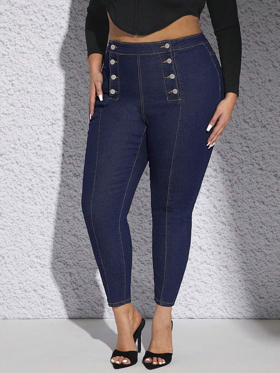 SHEIN SXY 大碼雙排釦緊身牛仔褲 - 深色水洗藍 - 查看 1