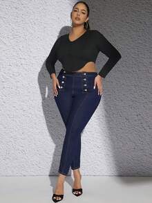 SHEIN SXY 大碼雙排釦緊身牛仔褲 - 深色水洗藍 - 查看 3