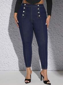 SHEIN SXY 大碼雙排釦緊身牛仔褲 - 深色水洗藍 - 查看 5