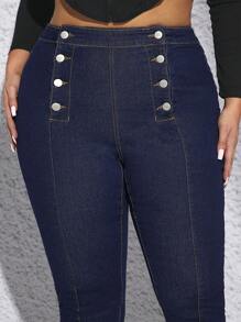 SHEIN SXY 大碼雙排釦緊身牛仔褲 - 深色水洗藍 - 查看 6