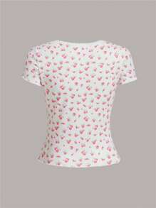 ROMWE Kawaii In hoa Ditsy Ren Mộc nhĩ Áo thun - Hồng - Xem 2