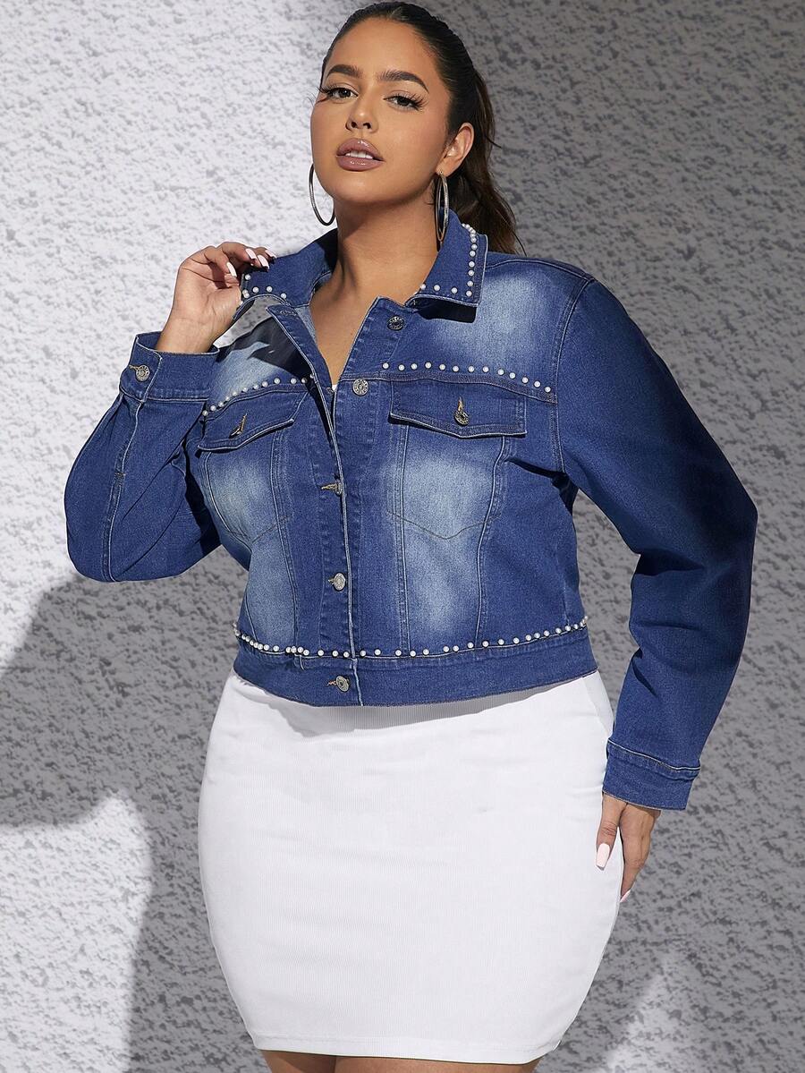 SHEIN SXY Hơn Ngọc trai chi tiết Túi có nắp Áo khoác denim - Rửa trung bình - Xem 1