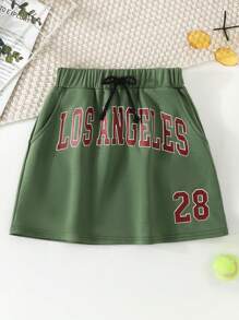 SHEIN Unity Đồ họa Chữ cái Eo dây rút Váy - xanh quân đội - Xem 1