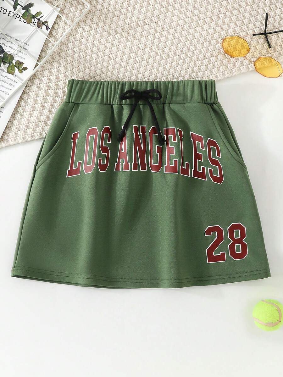 SHEIN Unity Đồ họa Chữ cái Eo dây rút Váy - xanh quân đội - Xem 1