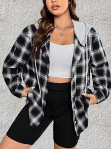 SHEIN EZwear Plus Plaid Print Drop Shoulder Drawstring Hooded Coat Winter Fall Autumn