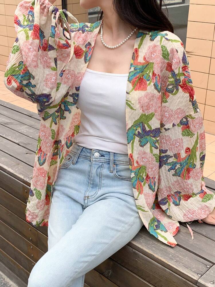 Floral Print Open Front Blouse Long Sleeve Top
