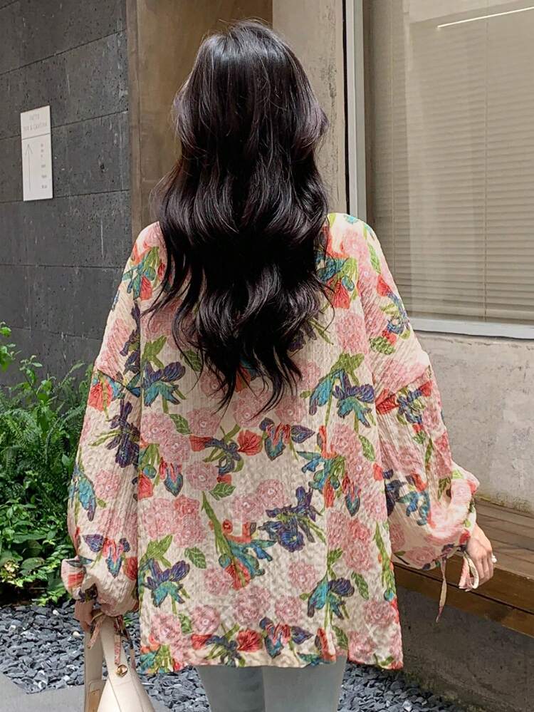 Floral Print Open Front Blouse Long Sleeve Top