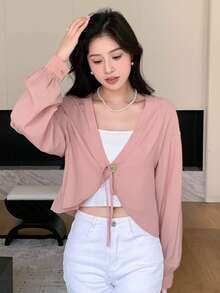 DAZY Solid Tie Front Crop Blouse Without Cami Top - Pink - View 7