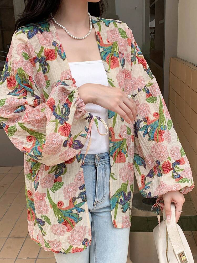 Floral Print Open Front Blouse Long Sleeve Top