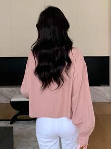 DAZY Solid Tie Front Crop Blouse Without Cami Top - Pink - View 2