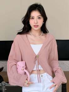 DAZY Solid Tie Front Crop Blouse Without Cami Top - Pink - View 3