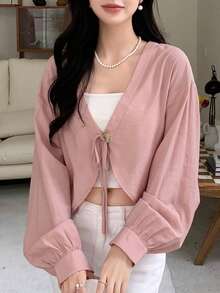 DAZY Solid Tie Front Crop Blouse Without Cami Top - Pink - View 5