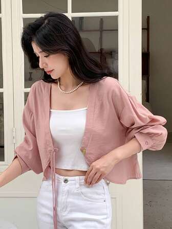 DAZY Solid Tie Front Crop Blouse Without Cami Top