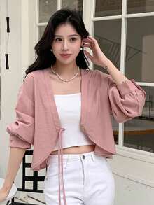 DAZY Solid Tie Front Crop Blouse Without Cami Top - Pink - View 8