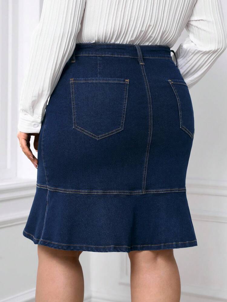 SHEIN Frenchy Talla grande Falda en mezclilla unicolor bajo sirena - Azul lavado oscuro - Añade 3