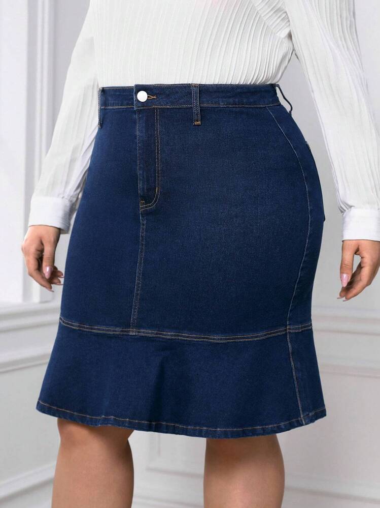 SHEIN Frenchy Talla grande Falda en mezclilla unicolor bajo sirena - Azul lavado oscuro - Añade 1