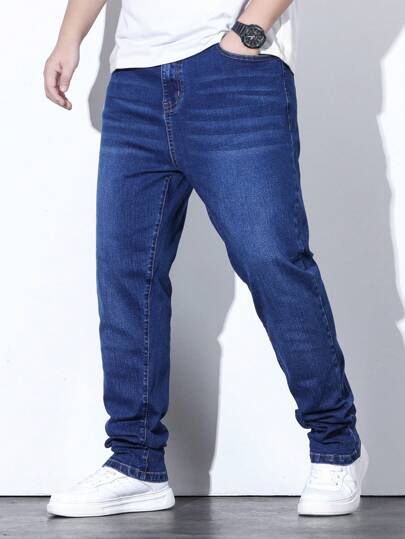 Jeans rectos de pierna con bolsillos en ángulo para hombres de talla grande, pantalones vaqueros de ajuste slim de color azul oscuro sólido lavado, jeans cargo lavados, regalo adecuado para esposo o novio