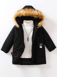 SHEIN Áo khoác đệm có mũ trùm đầu có họa tiết chữ dành cho cậu bé trẻ tuổi không có áo len - màu đen - Xem 1