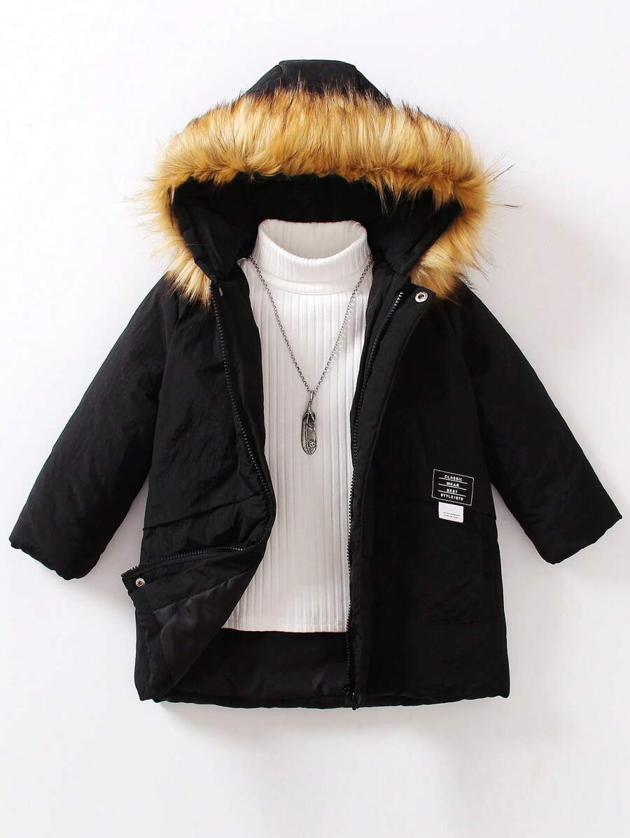 SHEIN Áo khoác đệm có mũ trùm đầu có họa tiết chữ dành cho cậu bé trẻ tuổi không có áo len - màu đen - Xem 1