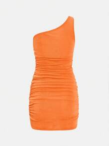 SHEIN 青少年女孩單肩褶邊緊身連衣裙 - 橘色 - 查看 2