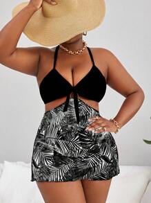 SHEIN Swim Curve 加大款熱帶印花露肩連衣裙泳衣，帶綁帶前扣設計 - 黑色 - 查看 1