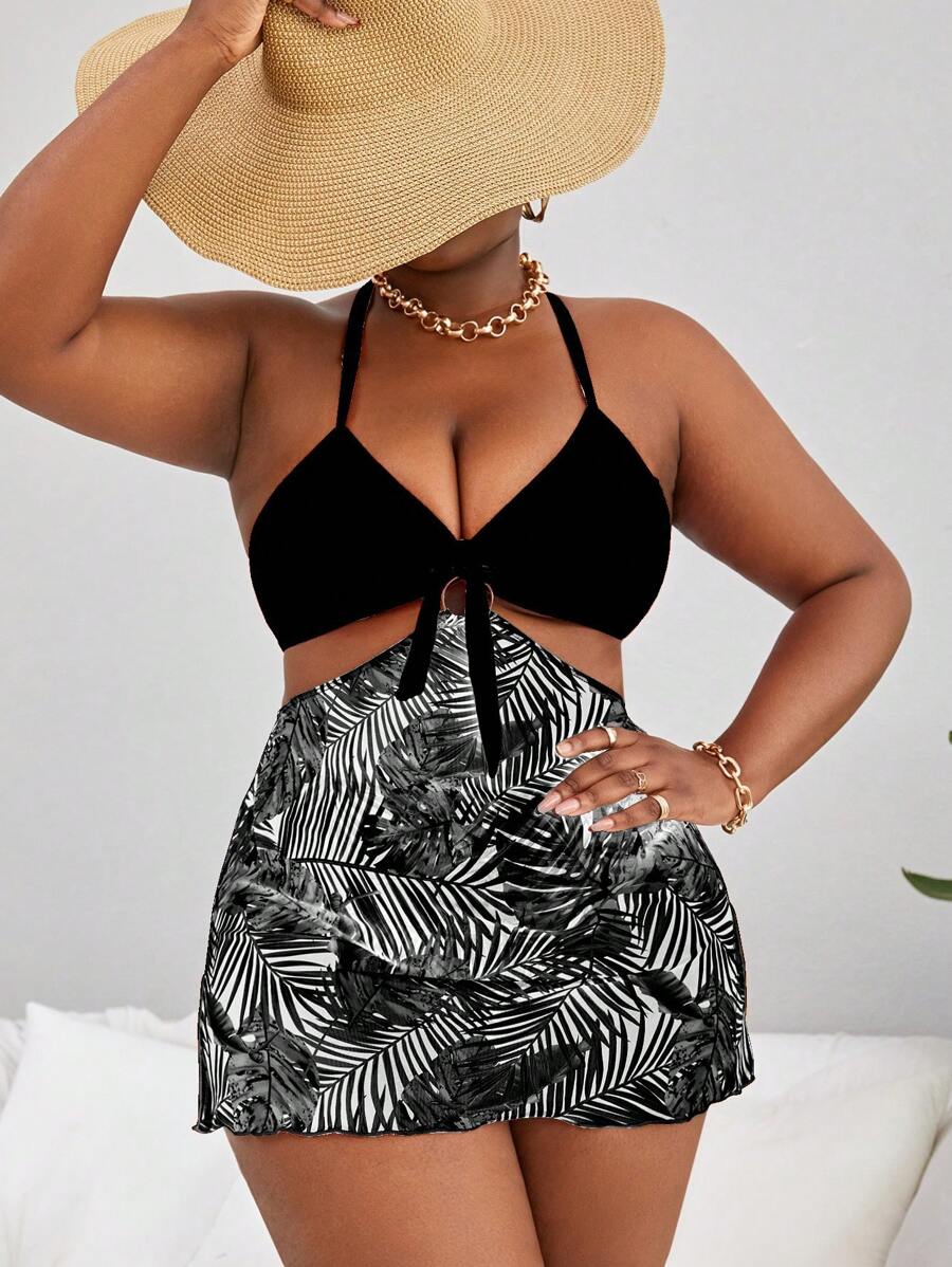 SHEIN Swim Curve 加大款熱帶印花露肩連衣裙泳衣，帶綁帶前扣設計 - 黑色 - 查看 1