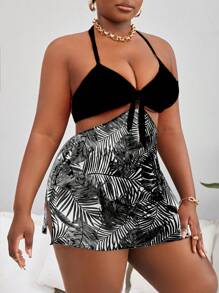 SHEIN Swim Curve 加大款熱帶印花露肩連衣裙泳衣，帶綁帶前扣設計 - 黑色 - 查看 3