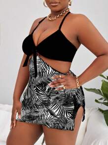 SHEIN Swim Curve 加大款熱帶印花露肩連衣裙泳衣，帶綁帶前扣設計 - 黑色 - 查看 5