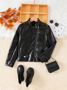 SHEIN Tween Girls' Black Fashionable Motorcycle Metal Zipper Leather Jacket, Gothic Punk Outerwear - Black - View 1