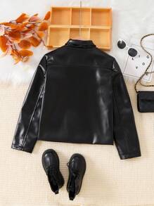 SHEIN Tween Girls' Black Fashionable Motorcycle Metal Zipper Leather Jacket, Gothic Punk Outerwear - Black - View 2
