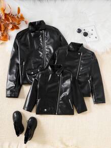 SHEIN Tween Girls' Black Fashionable Motorcycle Metal Zipper Leather Jacket, Gothic Punk Outerwear - Black - View 3
