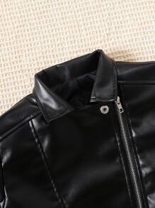 SHEIN Tween Girls' Black Fashionable Motorcycle Metal Zipper Leather Jacket, Gothic Punk Outerwear - Black - View 4