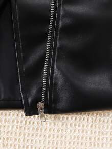 SHEIN Tween Girls' Black Fashionable Motorcycle Metal Zipper Leather Jacket, Gothic Punk Outerwear - Black - View 6