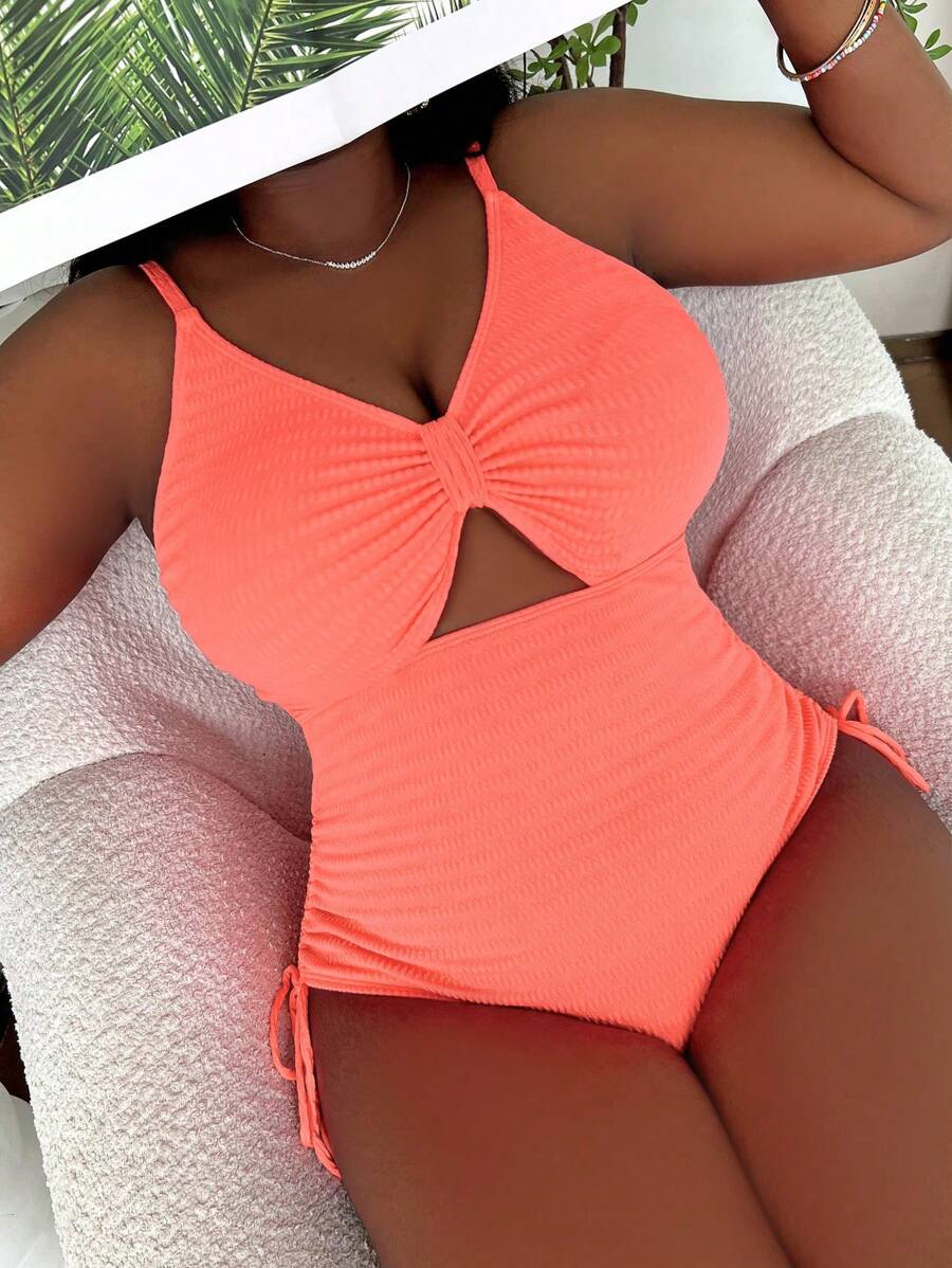 Slaydiva Plus Summer Beach Cut Out Drawstring Side One Piece Swimsuit, Bathing Suit - Orange - View 1