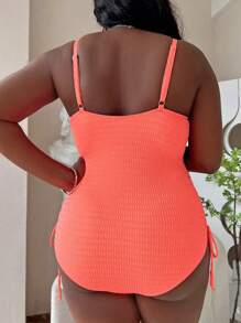 Slaydiva Plus Summer Beach Cut Out Drawstring Side One Piece Swimsuit, Bathing Suit - Orange - View 2
