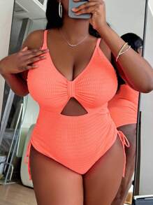 Slaydiva Plus Summer Beach Cut Out Drawstring Side One Piece Swimsuit, Bathing Suit - Orange - View 3